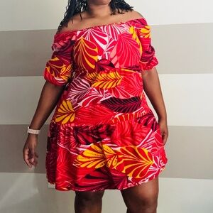 Mlle Gabrielle Red and Yellow Off-Shoulder Mini Dress